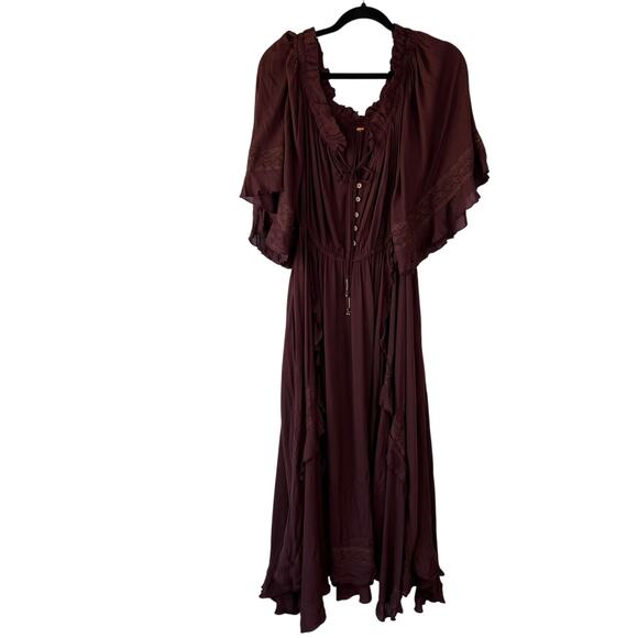 Free People Endless Summer Beach Bliss Maxi Dress size Medium Brown Ruffles - Picture 2 of 7